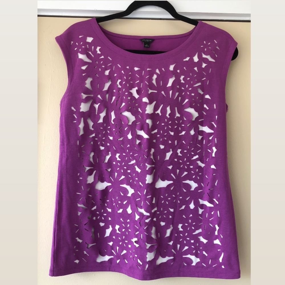 Ann Taylor Laser Cut Floral Overlay White Base Top